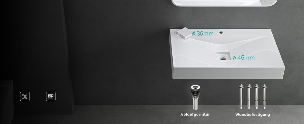 Mai & Mai Waschbecken Hänge-Waschtisch Aufsatz-Waschschale Mineralguss Weiß Rechteckig 1 Armaturenloch Breite: 80cm Col810