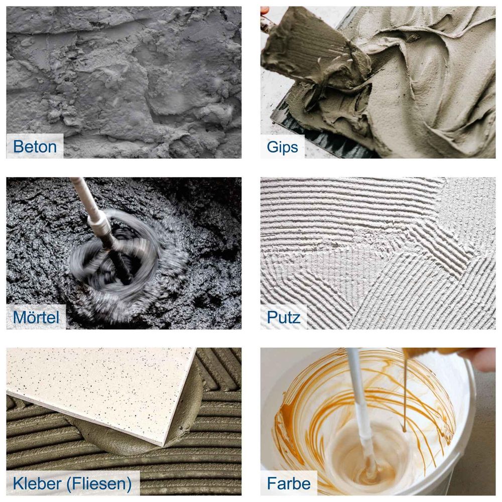 Bild zeigt Beispiele, wie der PM1800D verwendet werden kann: für Beton, Fliesenkleber, Farbe.