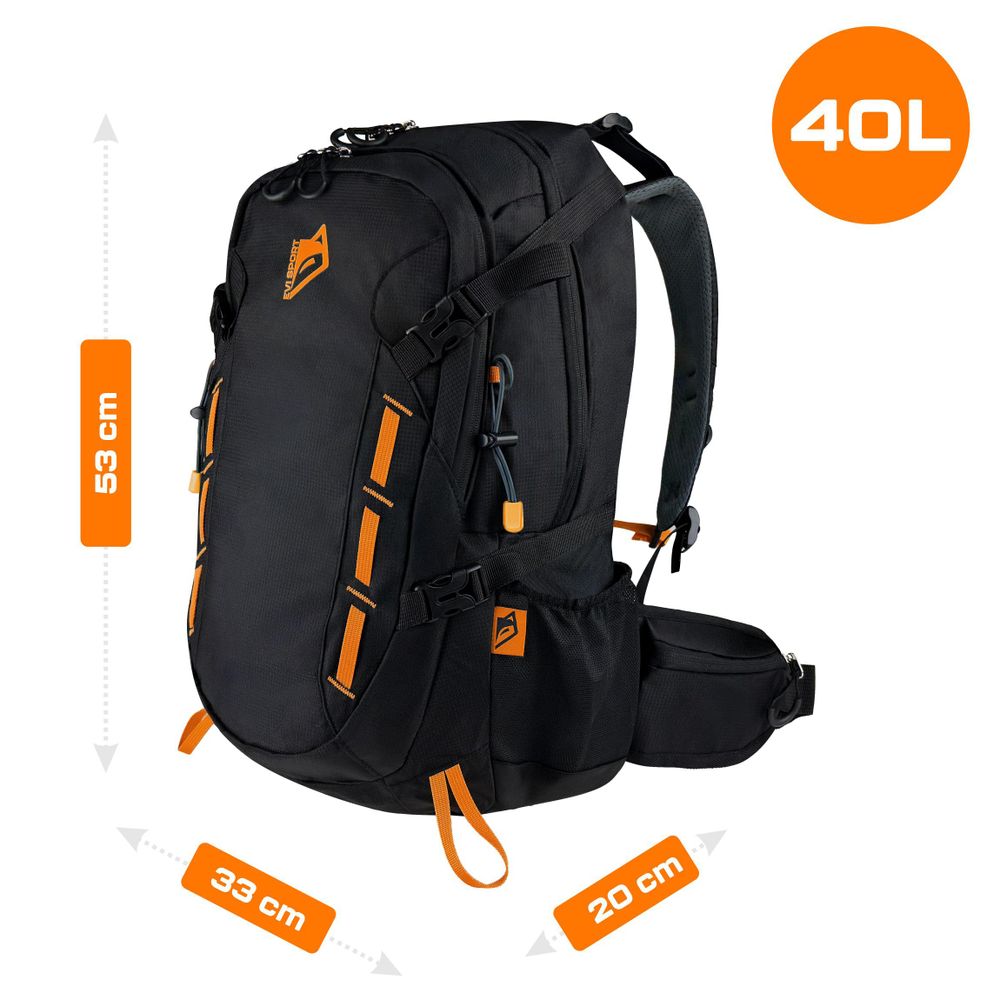 Wanderrucksack 40L Trekkingrucksack Herren & Damen, Titan-Core™ Nylon Outdoor Rucksack mit Regenschutz & Hüfttaschen, EVI SPORT Explorerpack Schwarz