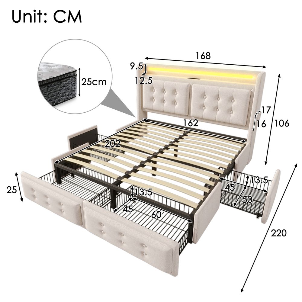 Flieks Polsterbett 160x200cm mit 4 Schubladen, Stauraumbett Doppelbett mit Ladefunktion, Jugendbett Holzbett mit LED, Funktionsbett Baumwolle, Beige