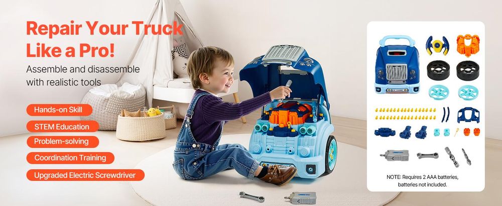 VEVOR Motor Spielzeug, 60 Teile, Kinder Mechaniker Auto Reparatur Set mit abnehmbaren Teilen, Lichtern und Geräuschen, Lenkrad und Hupe, Kinder Mechaniker Werkstatt Set für Kleinkinder ab 3 Jahren, Blau, Blau