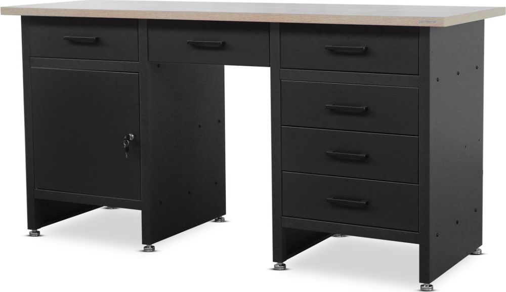 Werkbank mit Arbeitsplatte Werktisch mit 6 Schubladen Schließfach Verstellbare Füße MDF-Arbeitsplatte Belastbar bis 500 kg Metall 170 cm x 60 cm x 85 cm Farbe: Schwarz