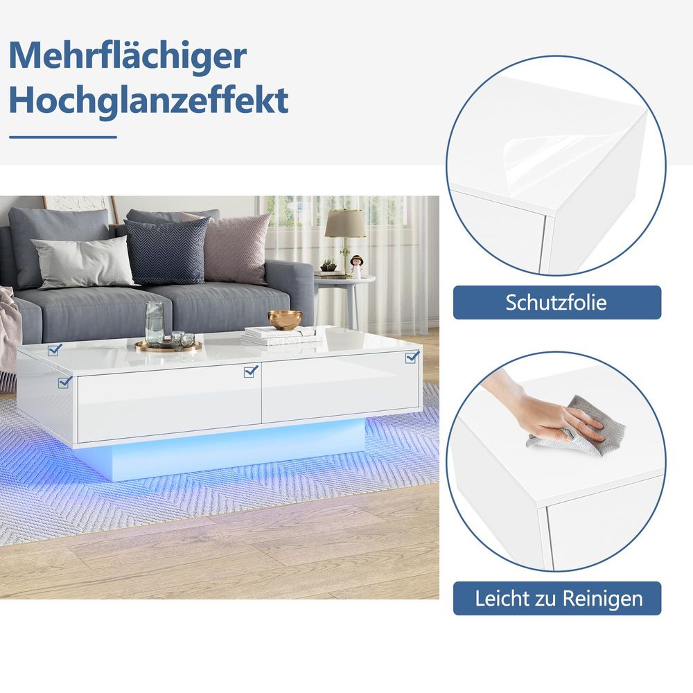 okwish Couchtisch Wohnzimmertish Beistelltisch mit 2 Schubladen,Eleganter Wohnzimmertisch,Kaffeetisch mit LED-Beleuchtung,Weiß