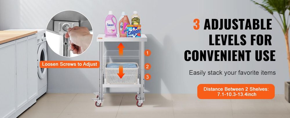VEVOR Edelstahl Arbeitstisch 30 x 18 x 34 Zoll, 700 LBS Tragfähigkeit mit 4 Rädern, 3 verstellbare Höhenstufen, robuster Lebensmittelvorbereitungstisch für gewerbliche Küchenrestaurants, Silber, 307x612x862 mm