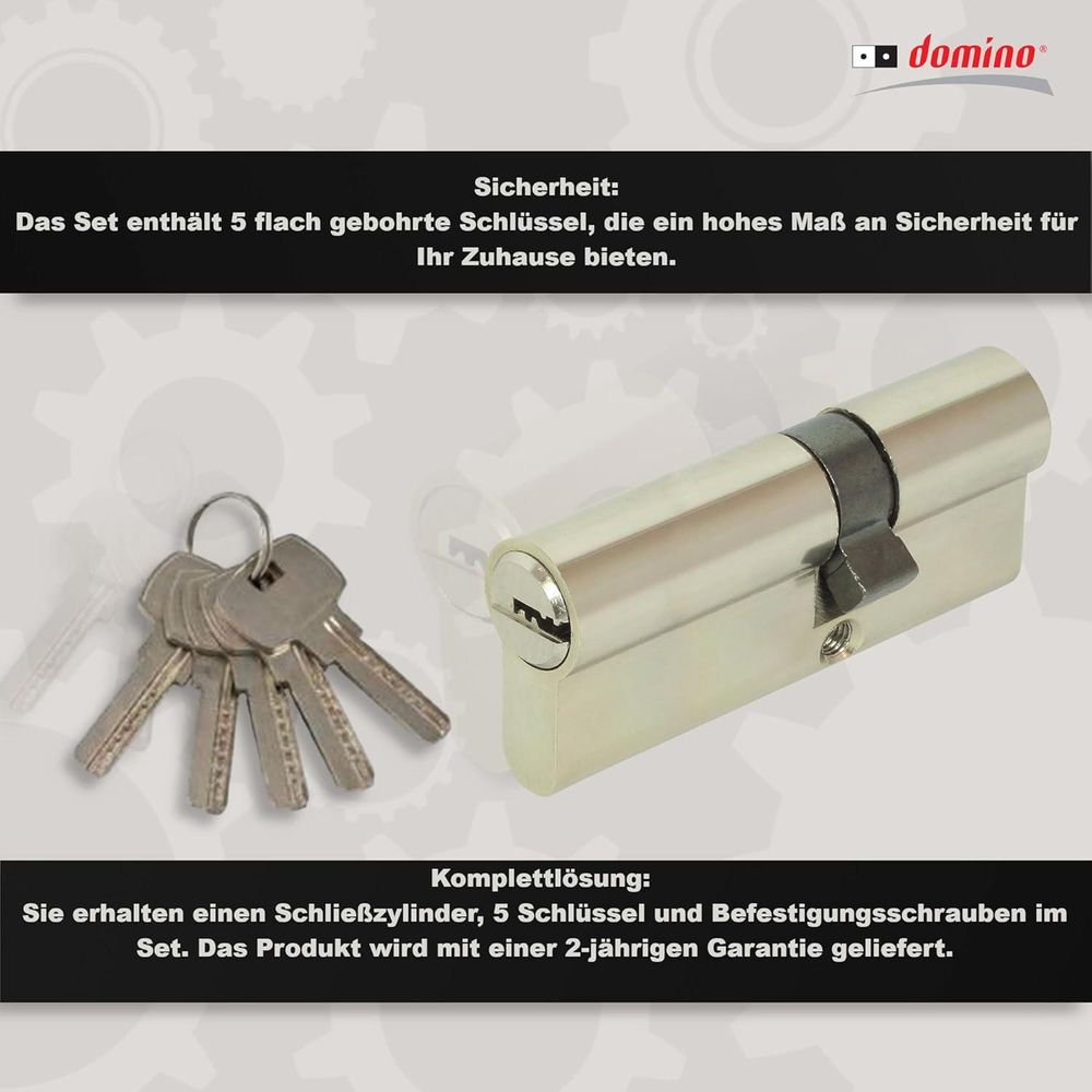 DOMINO Profilzylinder Schließzylinder HOMER 26/36 Zylinderschloss | Türschloss | Sicher | Schloss mit 5 Schlüsseln | Einsteckschloss | Nickel Farbe |