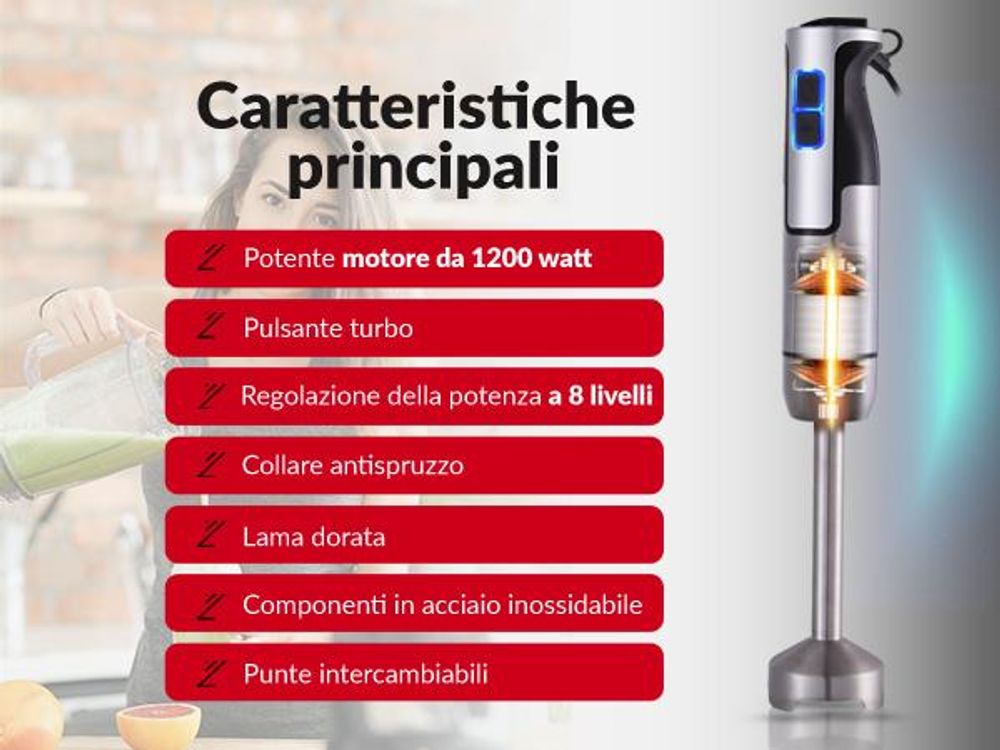 LEHMANN Set Frullatore a Immersione, Funzione turbo e regolazione della velocità, set di accessori, 1200W
