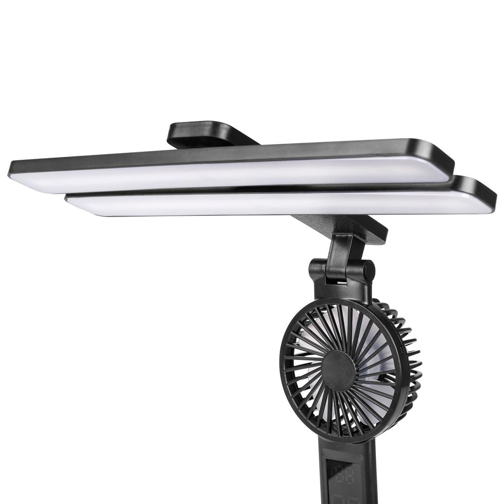 Lampe mit eingebautem Ventilator, sorgt für zusätzliche Kühlung, ideal für Büro und Zuhause.
