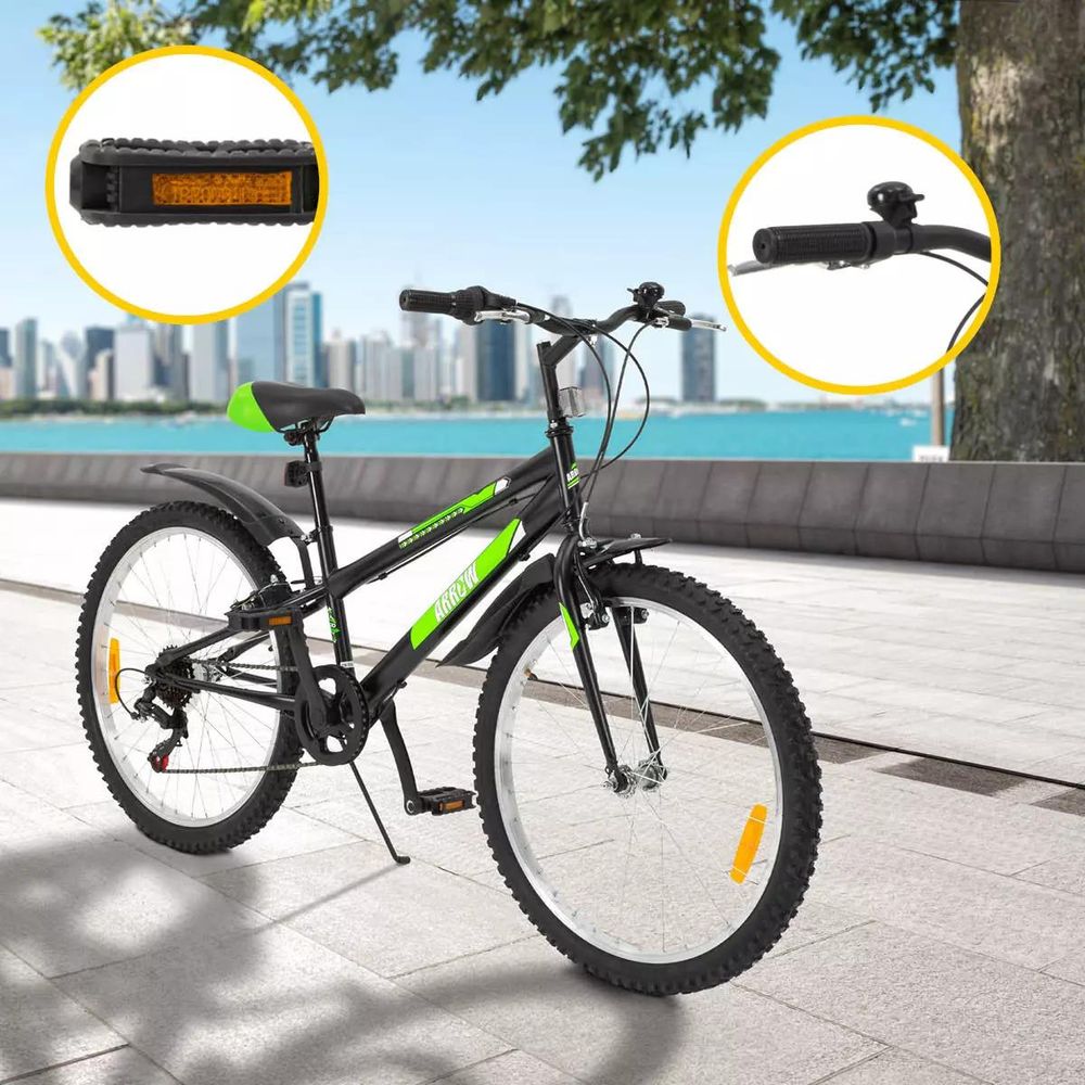 Actionbikes Kinderfahrrad Arrow 24 Zoll | Kinder Fahrrad- V-Brake Bremsen - Kettenschutz - Fahrradständer - Handschaltung - 8-12 Jahre (Schwarz/Grün)