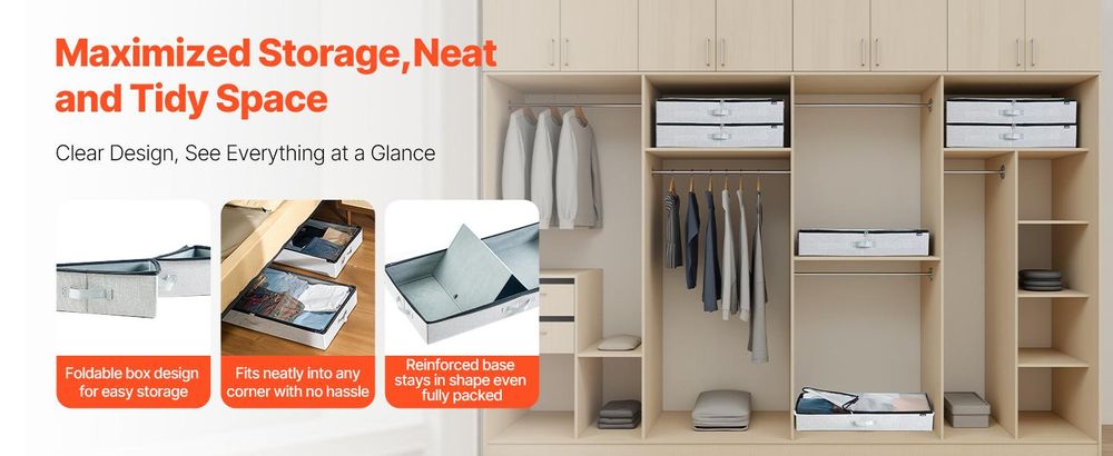 VEVOR Aufbewahrungstaschen unter dem Bett 2 Stück 45 L, Schuh-Organizer unter dem Bett mit transparenten Deckeln, Aufbewahrungsbox für Kleidung, Decken, Schlafzimmer, Zuhause