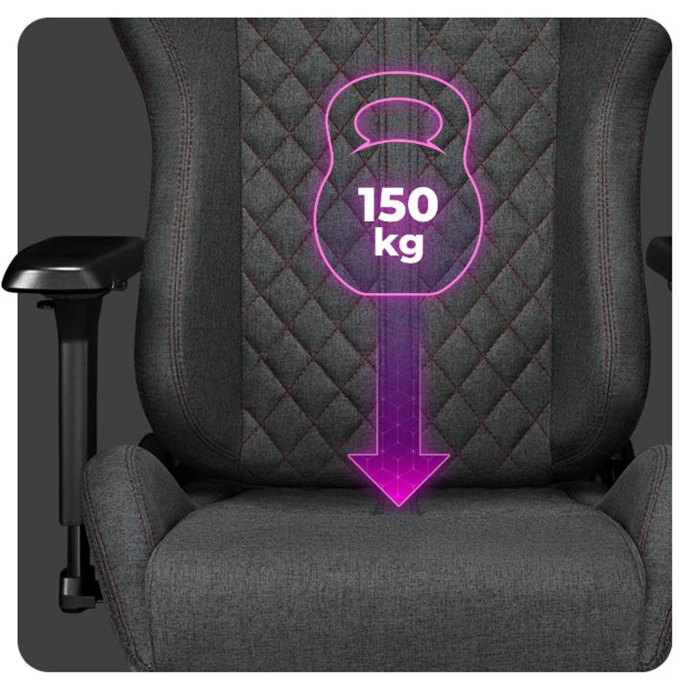 Nahaufnahme der Sitzfläche des Stuhls mit Hinweis auf die maximale Tragkraft von 150 kg