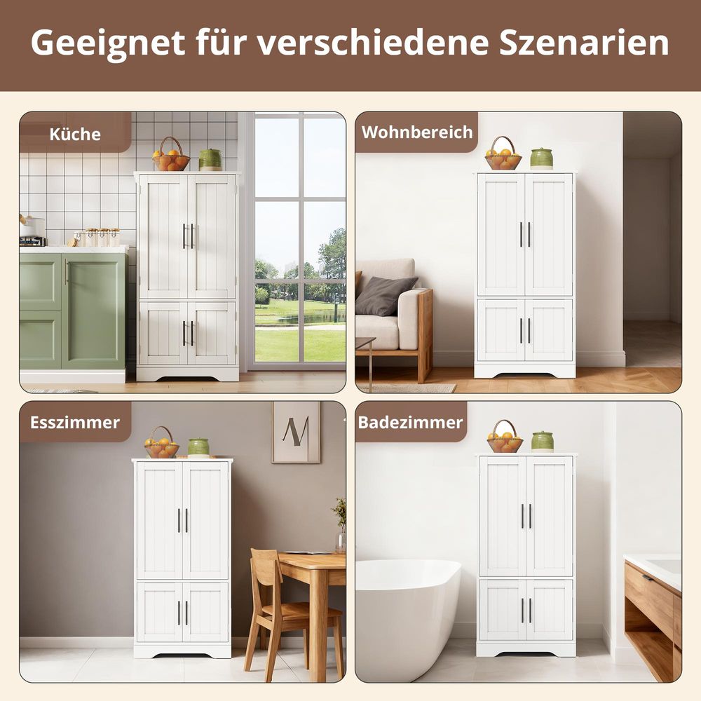 Flieks Küche Hochschrank mit LED, 4-türiger Schrank mit Regalböden & Türablagen, 120x60x40 cm, geeignet für Küche, Esszimmer oder Wohnzimmer, weiß