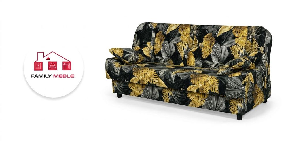 Schlafsofa SARA Poly – Monstera-Design, Webstoff in Schwarz, Family Meble