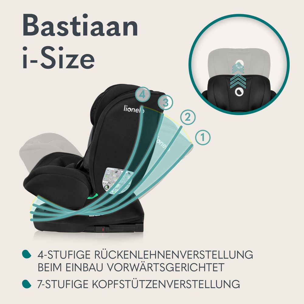 Lionelo Bastiaan i-Size Autokindersitz ab Geburt bis 12 Jahre, ab 0 kg bis 36 kg, i-Size, Isofix + Top Tether - Schwarz