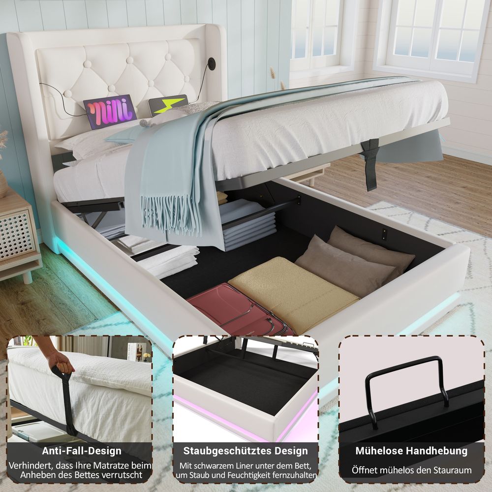 Flieks Polsterbett 90x200cm mit USB & Typ-C, Einzelbett Jugendbett mit LED, Hydraulisches Stauraumbett Boxspringbett mit Lattenrost, Kunstleder, Weiß