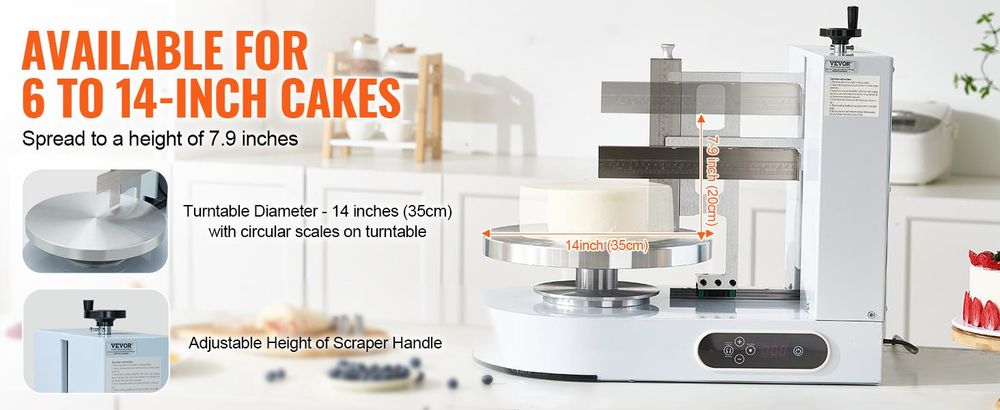 VEVOR Kuchen-Dekorationsmaschine, Kuchencreme-Verteilmaschine, leise Kuchen-Glasurmaschine, Drehteller mit verstellbarem Schaber, für 4" bis 12" Kuchen, 25-320RPM Drehgeschwindigkeit, Weiß, 6-14 in, Weiß-a