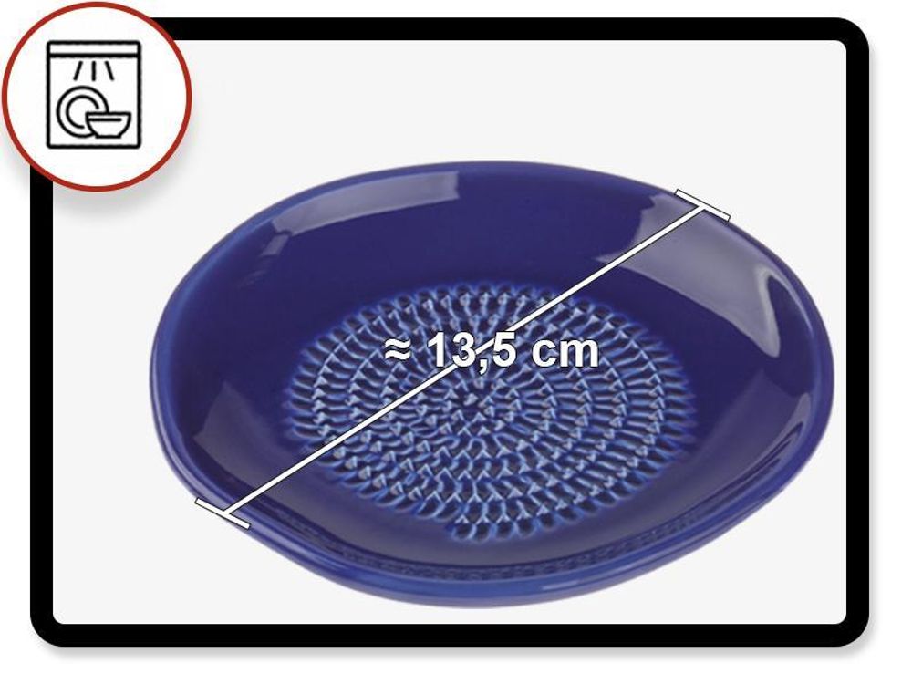 Blaue Keramikreibe mit 13,5 cm Durchmesser und Symbol für Spülmaschineneignung