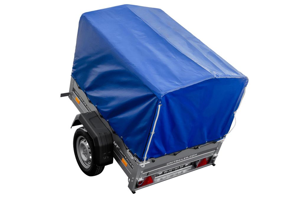 Anhänger 150 KIPP 150x106 cm [mit blauer Hochplane, Hochspriegel und Stützrad]