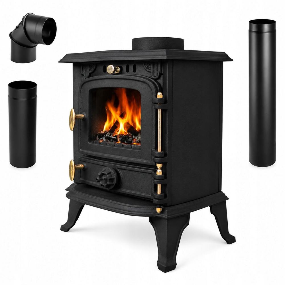 THUNDER® Gusseiserner Holzofen DIANA | 4,5 kW | Freistehend | Kaminofen | Holzheizung | A+ Energieklasse | Ökodesign | Mit Zubehör