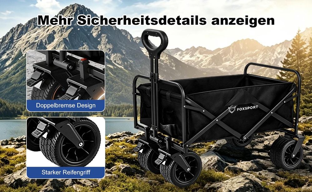 FOXSPORT Bollerwagen Faltbar, Handwagen bis 100kg belastbar, mit verstellbarer Griff, Gartenwagen für Strand, Garten, Einkäufe, 94 x 58 x 59CM,Schwarz