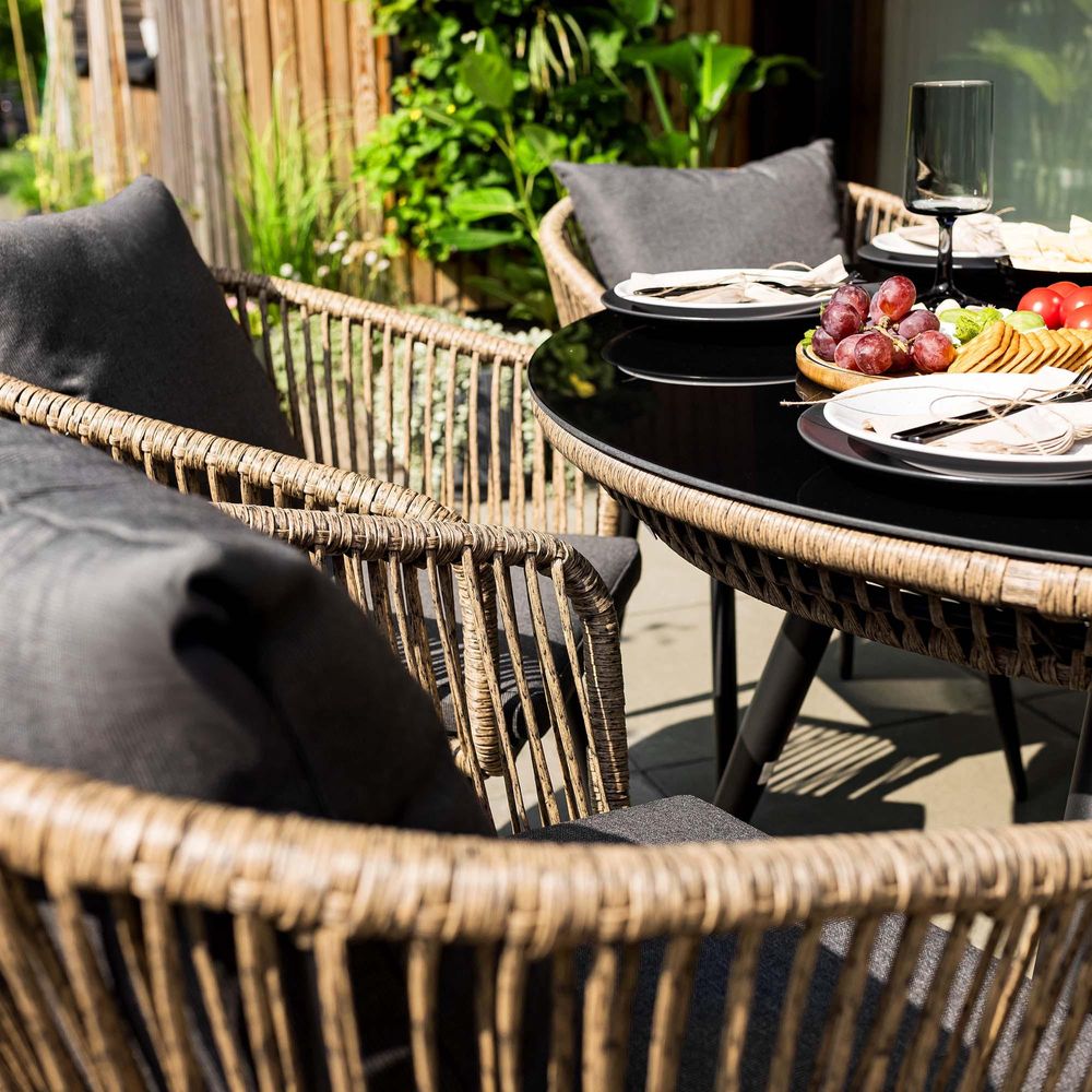 di volio Gartenmöbel-Set RIETI Beige/Grau, Garten Möbel aus Polyrattan und Stahl, Gartenmöbel für 6 Personen - Couchtisch & 6 Stühle