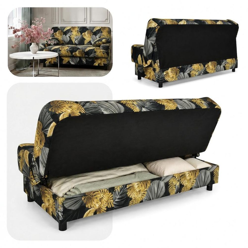 Schlafsofa SARA Poly – Monstera-Design, Webstoff in Schwarz, Family Meble