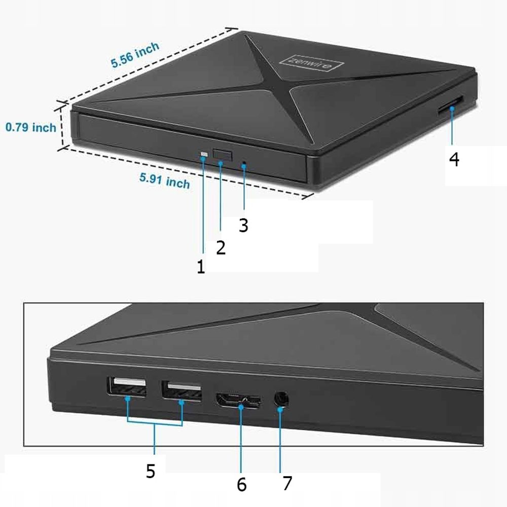 Tragbares Laufwerk - Externes DVD CD RW - USB-C Hub - USB 3.0 - 4-in-1 - SD Leser