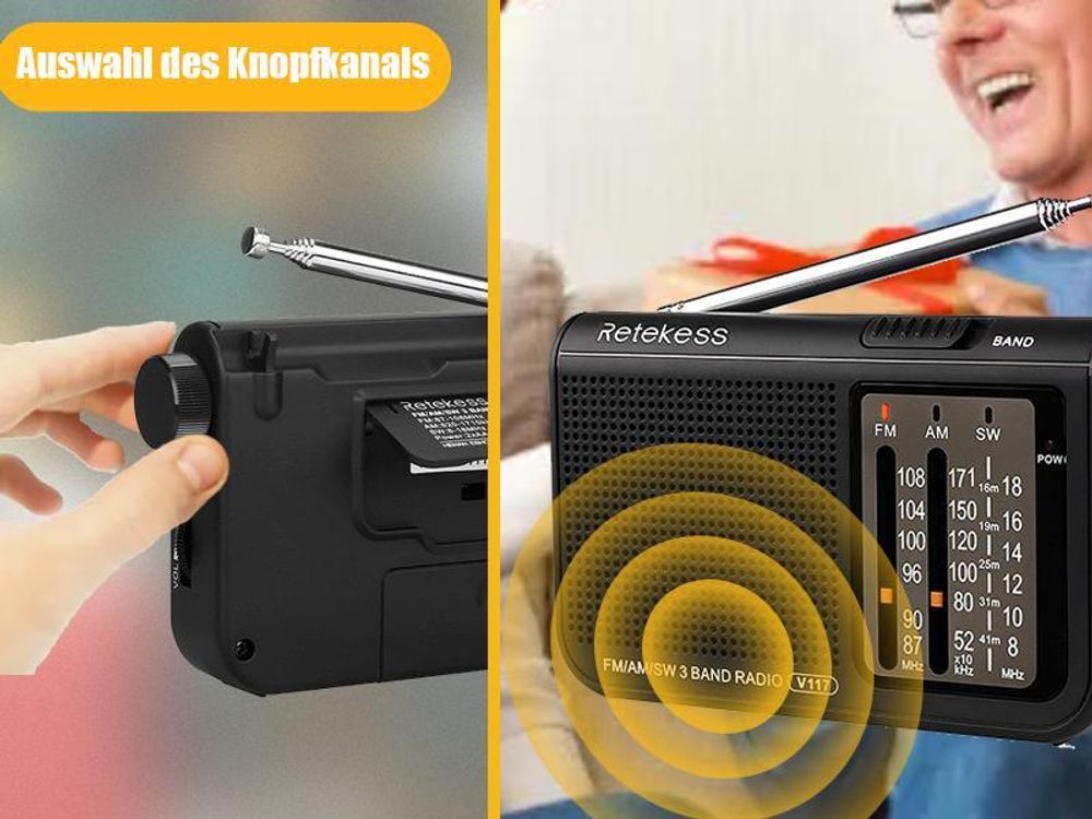 Retekess V117 Radio mit Batteriebetrieben, Klassisches Radio, FM AM SW Tragbares Radio, Großes Display-Zifferblatt, Geschenke für ältere Menschen