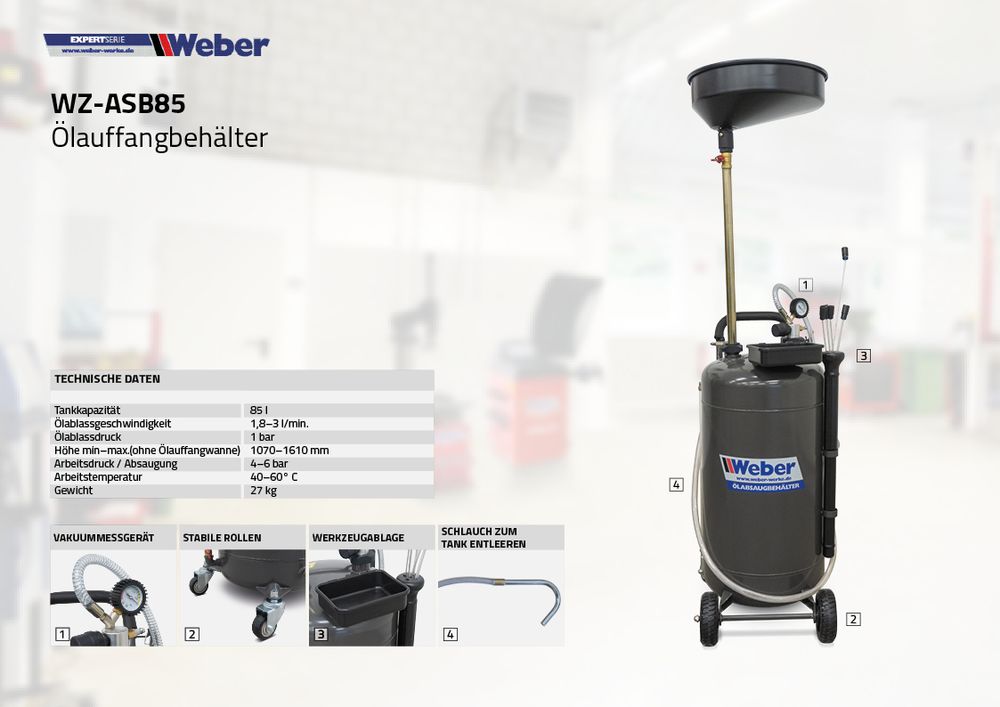 Weber Ölauffangbehälter mit Absaugfunktion 85 l Werkzeughalter und praktischer Füllstandsanzeige Ölablassgerät Ölauffangbehälter Ölwechsel Weber Tank