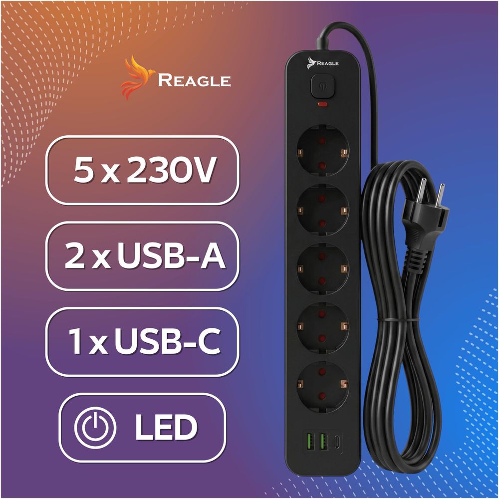 Reagle 3m Steckdosenleiste 5-fach mit 3x USB (2x USB-A, 1x USB-C), Mehrfachsteckdose, Verlängerungskabel 2500W, Schalter, Schwarz