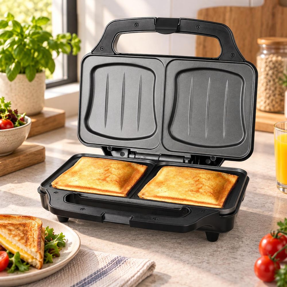 Offener Sandwichmaker mit zwei goldbraunen Toasts in einer hellen Küche.