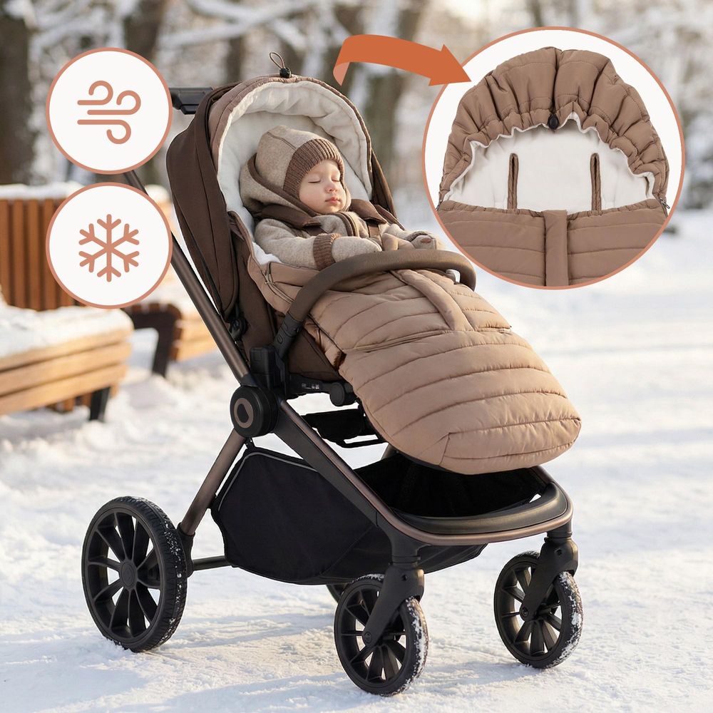 Lionelo Oli Winterfußsack für Kinderwagen & Babywanne, Wasserabweisend, Warm bis –20°C, Universal, Mit Kapuze Beige