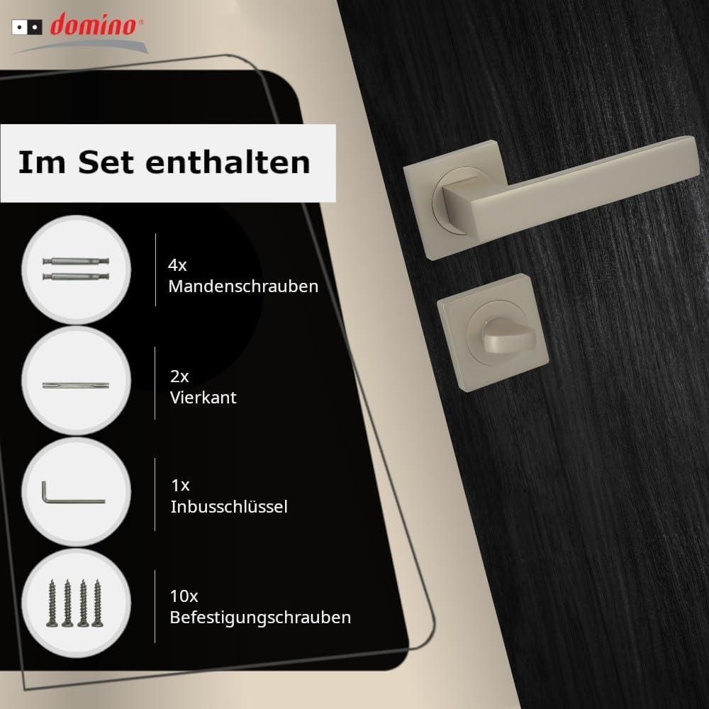DOMINO Türgriff Drückergarnitur WC - Badezimmer Set | mit quadratischen Rosetten | für Badezimmertüren | Set WC - Rosetten-Garnitur | Türbeschläge aus Aluminium | Satin Nickel Velvet Türdrückergarnitur| QUBIK-QR M91