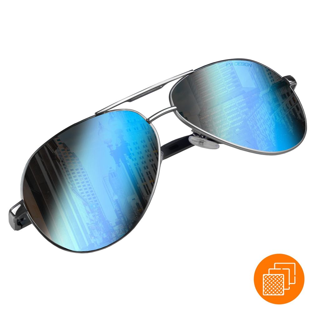 Aviator Sonnenbrille Herren Polarisiert UV400, Blaue Gläser Pilotenbrille verspiegelt, Metallrahmen inkl. Etui & Zubehör-Set, EVI DESIGN Blue