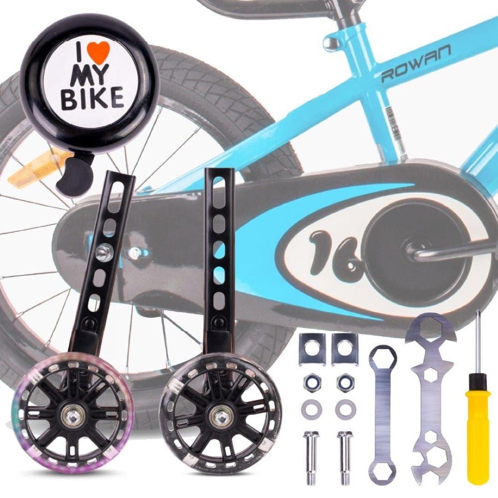 Komplettset mit Stützrädern, Klingel und Montagezubehör vor Kinderfahrrad