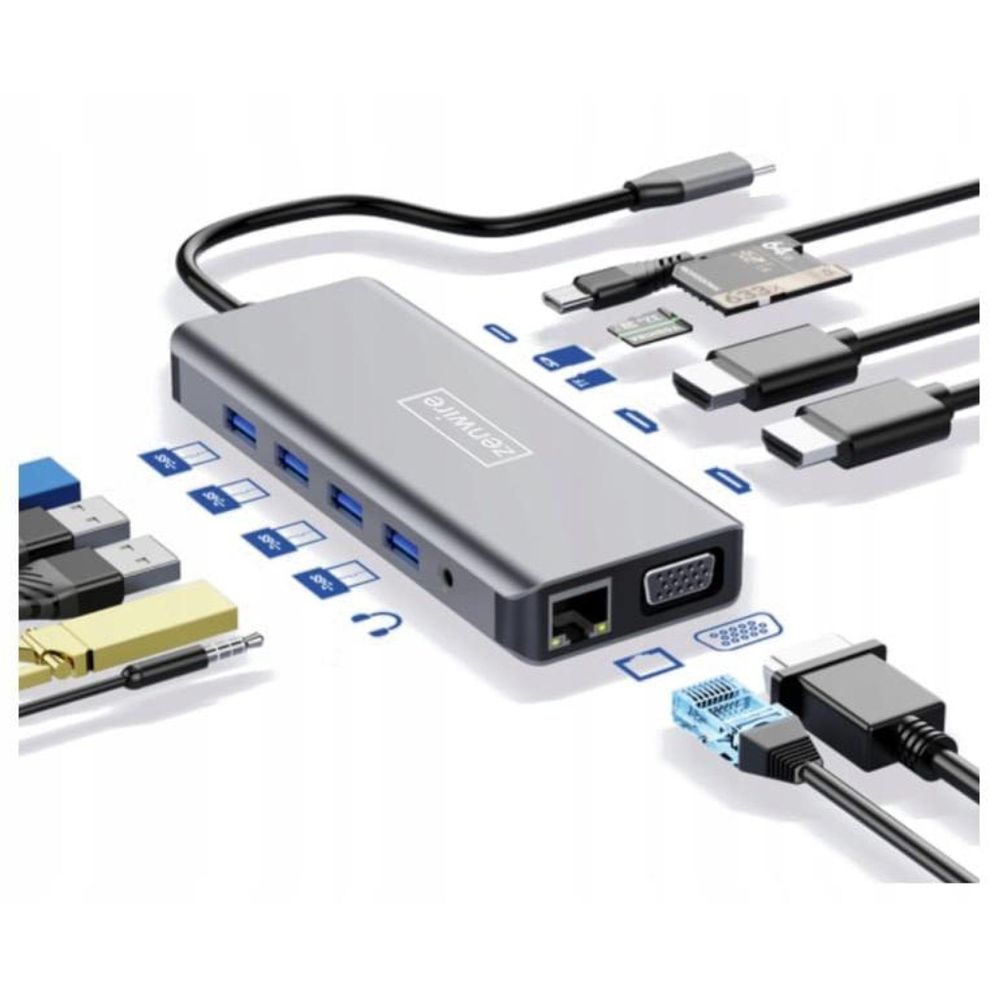 Adapter - 12-in-1 USB-C Hub - 2x HDMI - VGA - USB 3.0 - Gigabit Ethernet - SD - LAN - Audio - fur Windows