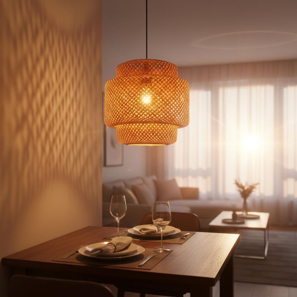 MasterLED Hängeleuchte Boho – E27 Fassung – Ø40 cm – Bambus & Schwarz – geflochtener Lampenschirm – modern für Wohnzimmer, Esszimmer & Küche