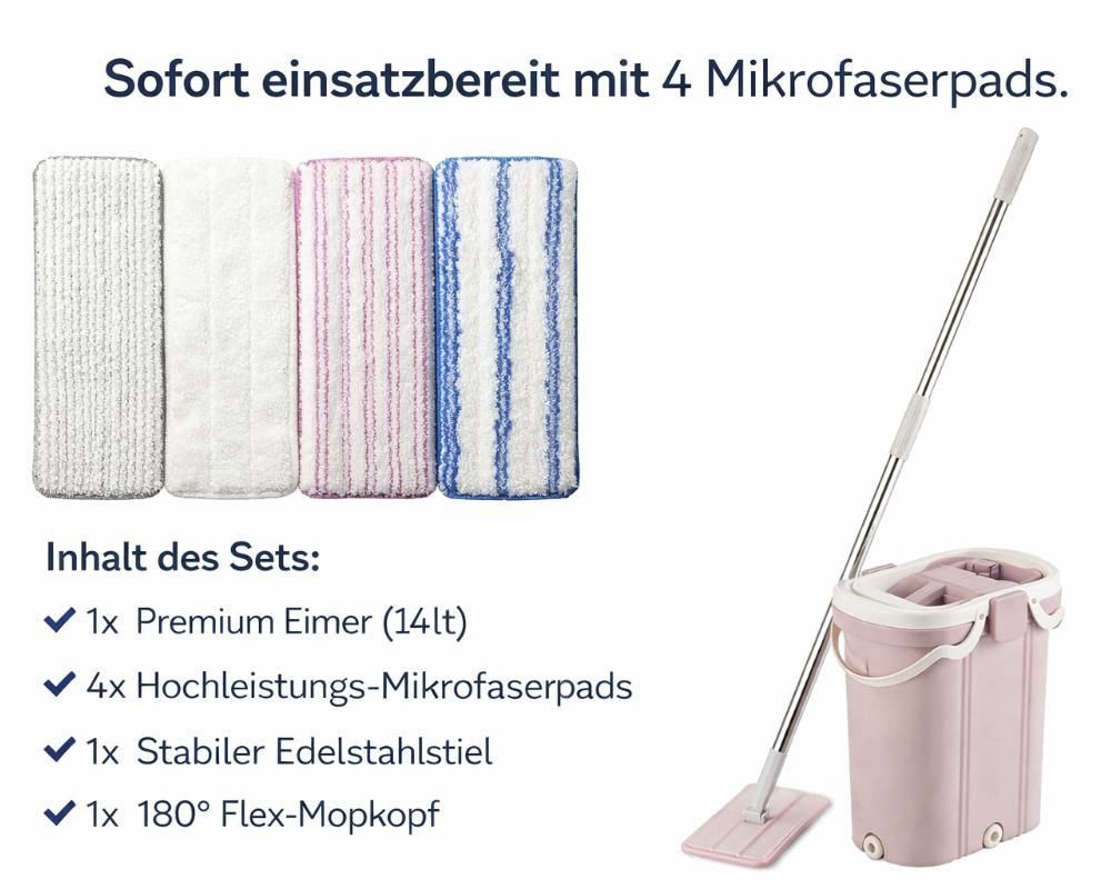 Bodenwischer-Set mit Eimer, Stiel und 4 Mikrofaserpads: Weiß, Grau, Rosa und Blau gestreift.