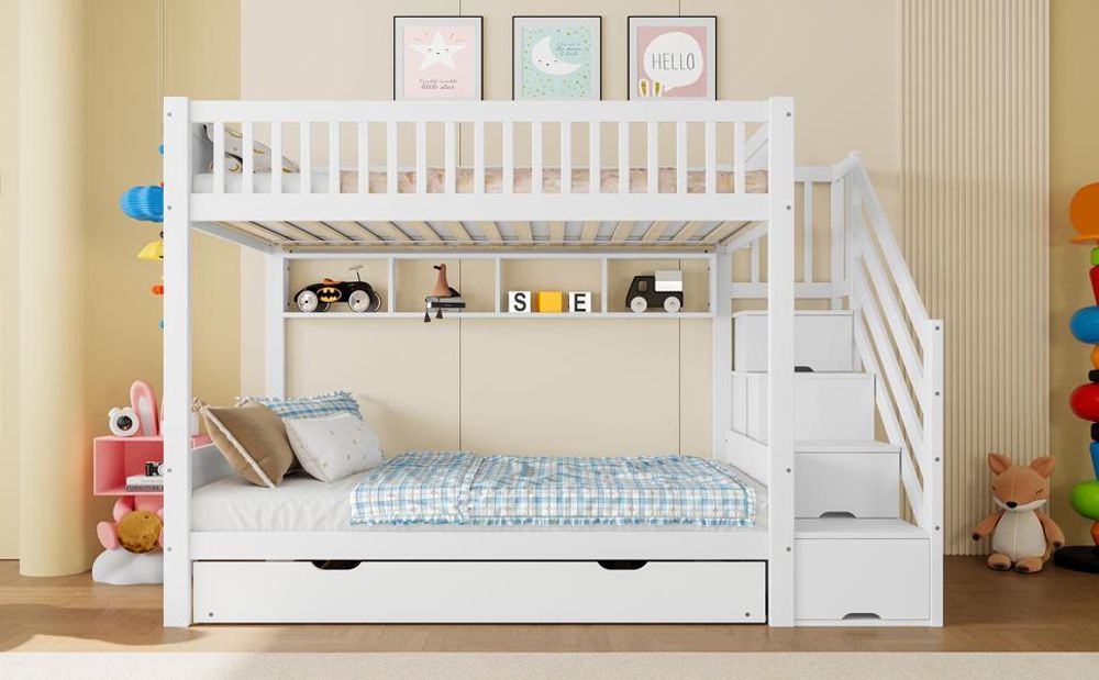 Merax Etagenbett 90x200cm, Kinderbett mit Ausziehbett, Lagertreppe, Kleiderschrank & Regal, Massivholzbett, Jugendbett, Stockbett, Weiß
