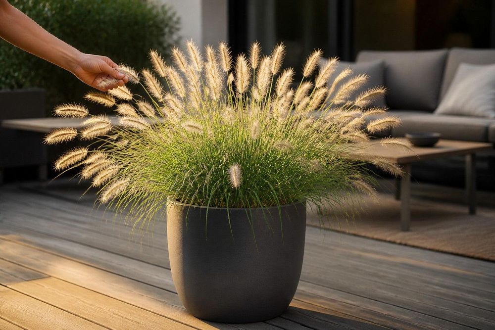 Großer anthrazitfarbener Kübel auf Holzterrasse, Hand berührt weiche Ähre, Abendlicht.