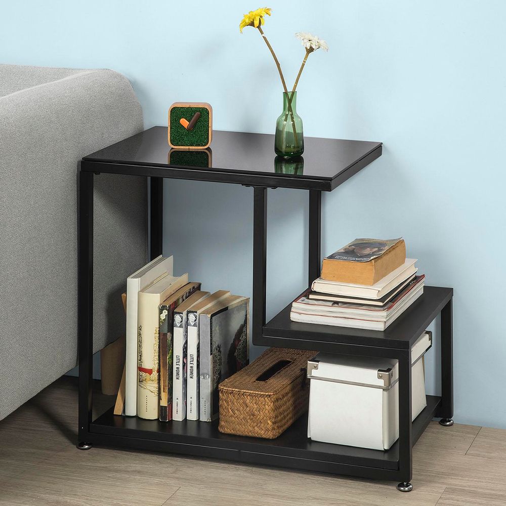 SoBuy Beistelltisch mit Glasplatte Sofatisch Glastisch Couchtisch mit 3 Ablagen schwarz, BHT ca.: 65x55x35cm FBT65-SCH