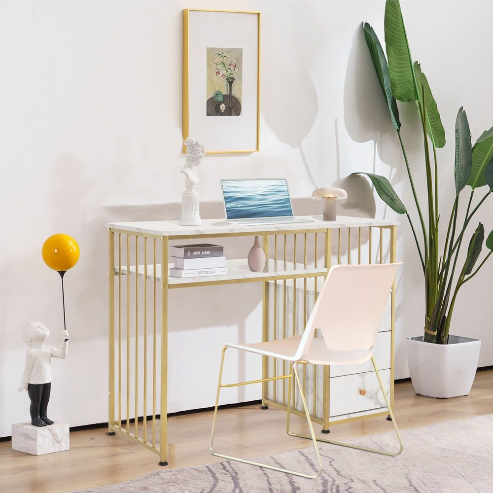M MCombo Schreibtisch mit Schubladen, Schminktisch ohne Spiegel Marmor-Weiß Gold, Nageltisch aus Holz Metallgestell, Computertisch Wohnzimmer Modern, 109 x 45,5 x 81cm, 2407