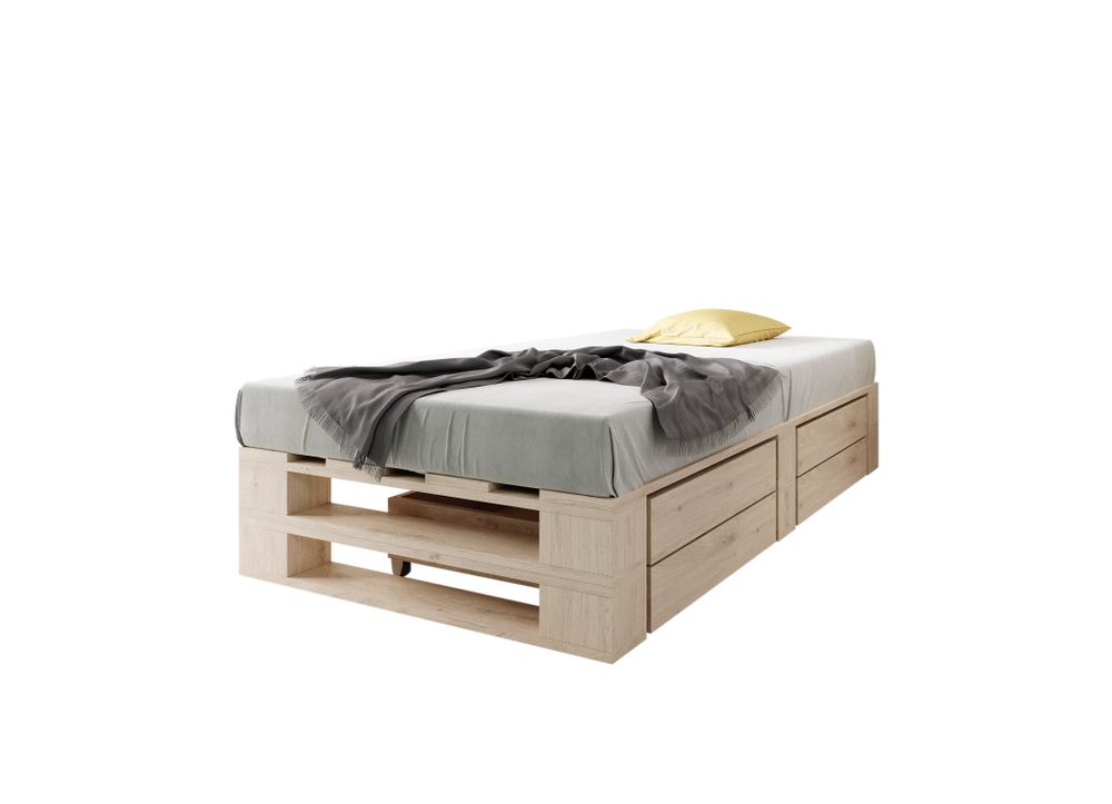 Lermowood Palettenbett M2 100 x 200 cm mit 2 Bettkästen Natur, Erhöhte Komforthöhe 40 cm, Massivholz