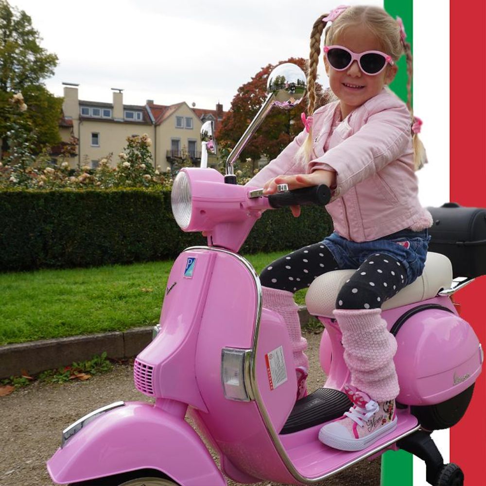 Kinder Elektro Roller Vespa | Mit Stützrädern - Scheinwerfer - Koffer zum Öffnen - Kinder Fahrzeug elektrisch - Hupe & Musik - Ab 3 Jahre (Pink)