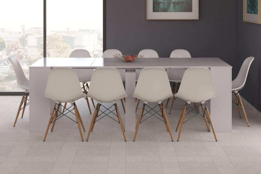 Ausziehbarer Tisch Inarzo, ausziehbarer Esstisch, Tisch mit Erweiterungen ausziehbar auf bis zu 10 Sitzplätze, 51/237 x 90 x 78 cm, glänzendes Weiß