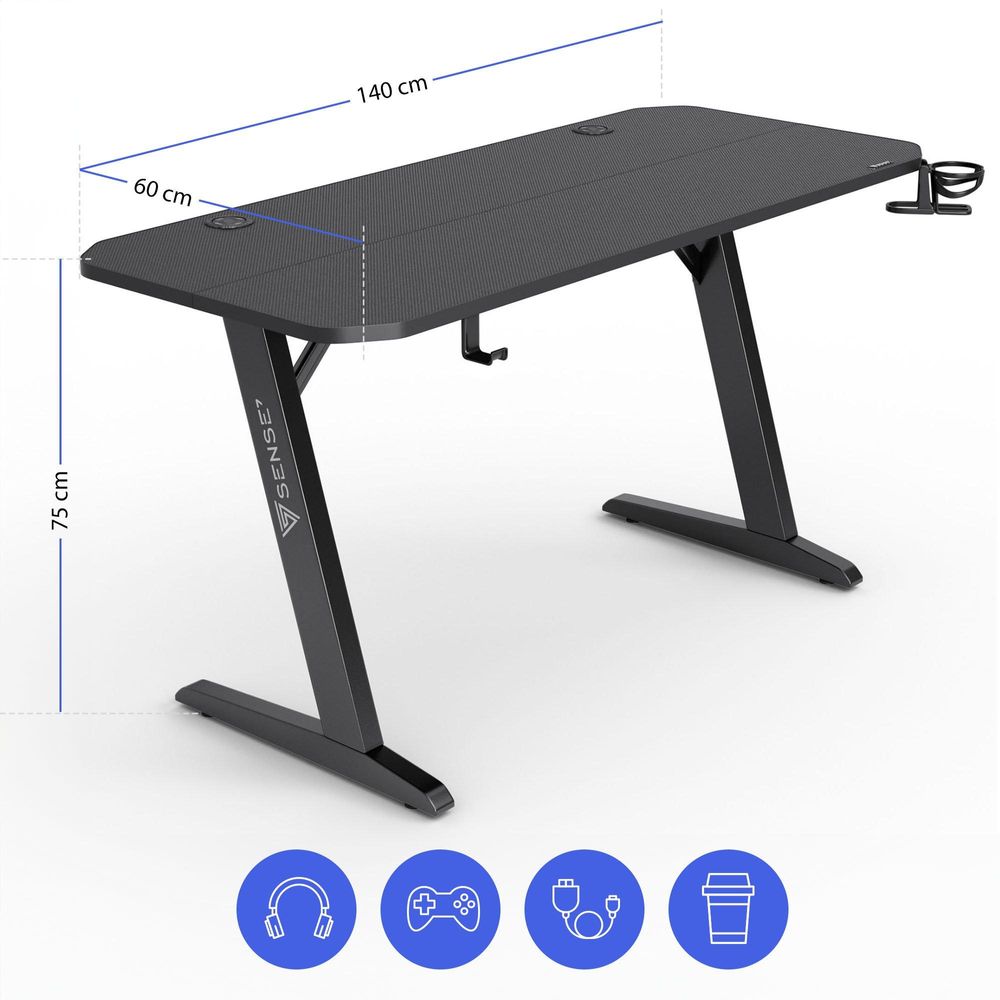 SENSE7 Nomad Basic – stół do gier, biurko 140 x 60 cm, stół komputerowy, stół do komputera, biurko dla graczy, wykończenie w stylu karbonowym, uchwyt na słuchawki, uchwyt na napoje, system zarządzania kablami