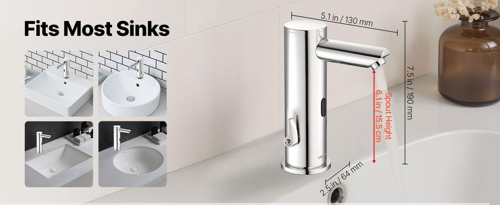 VEVOR Berührungslose Badezimmer-Wasserhahn, Automatischer Bewegungssensor-WC-Wasserhahn mit Lochabdeckplatte, Batteriebetrieben, Einstellbare Temperatur für 9,5 mm Rohr Gewerblicher Waschbecken, Matt Schwarz, Doppelsteuerung-g, T-Form