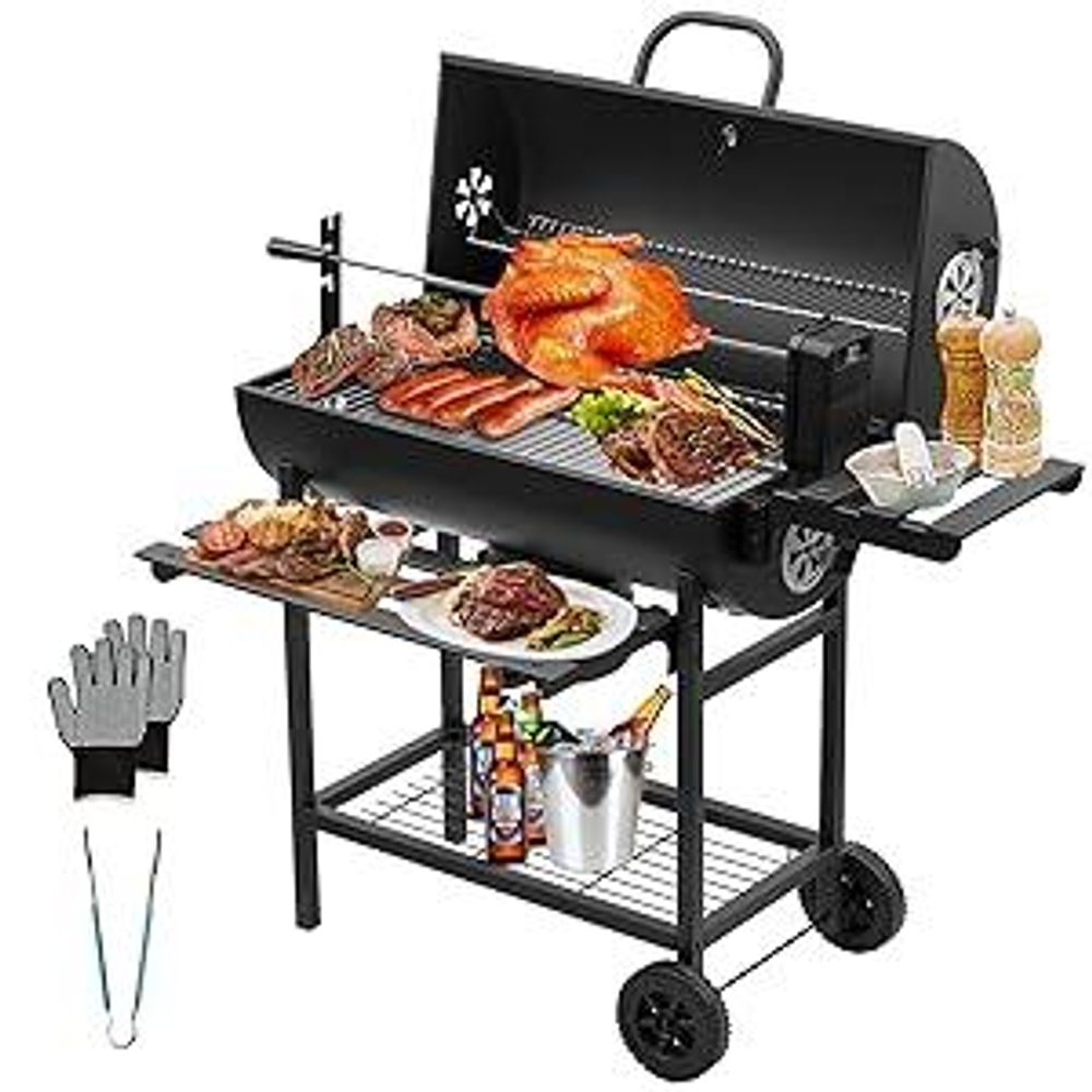 TEENO Chariot à Barbecue de Bois,Grill XXL à Charbon avec Couvercle, Thermomètre,Tiroir à Cendres,Gants anti-brûlures, Évent Réglable,chicken grill