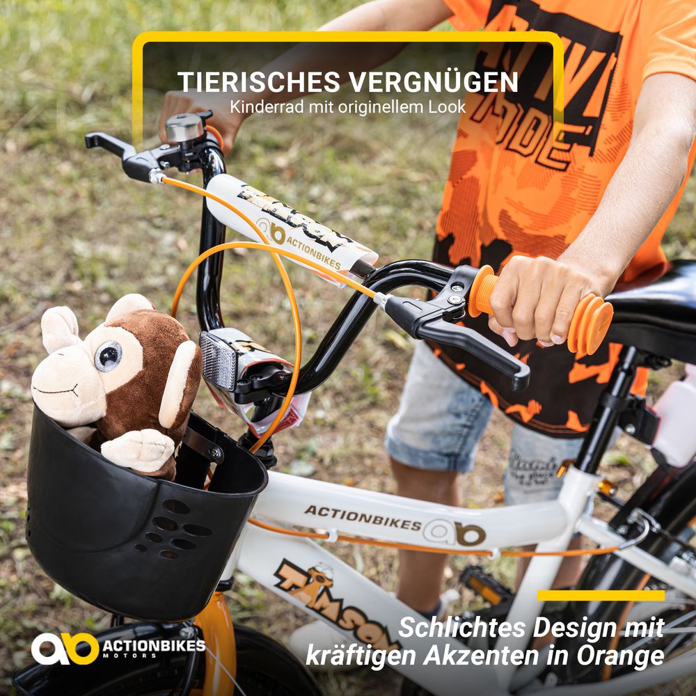 Actionbikes Kinderfahrrad Timson 16 Zoll | Kinder Fahrrad - V-Brake Bremsen - Kettenschutz - Fahrradständer - Fahrradkorb - 4-7 Jahre (Orange/Weiß)