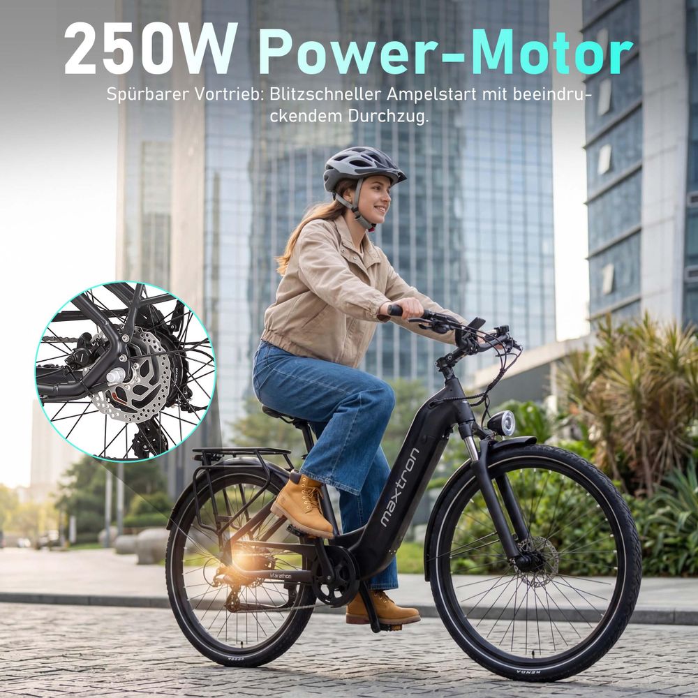 Maxtron Marathon 28" E-Bike Citybike, Bafang Heckmotor, 36V 22.5Ah (810Wh) Akku, bis 160km, Hydr. Scheibenbremsen, 7-Gang, Damen & Herren