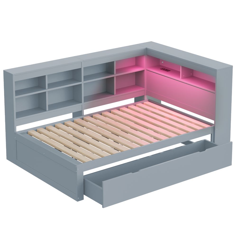 okwish Schlafsofa Daybett 140x200cm mit Lattenrost und großen Schubladen, Tagesbett Stauraumbett mit USB-Steckdose und LED-Lichtleiste,Einlegeböden und Ablagefächern(Ohne Matratze)- Grau